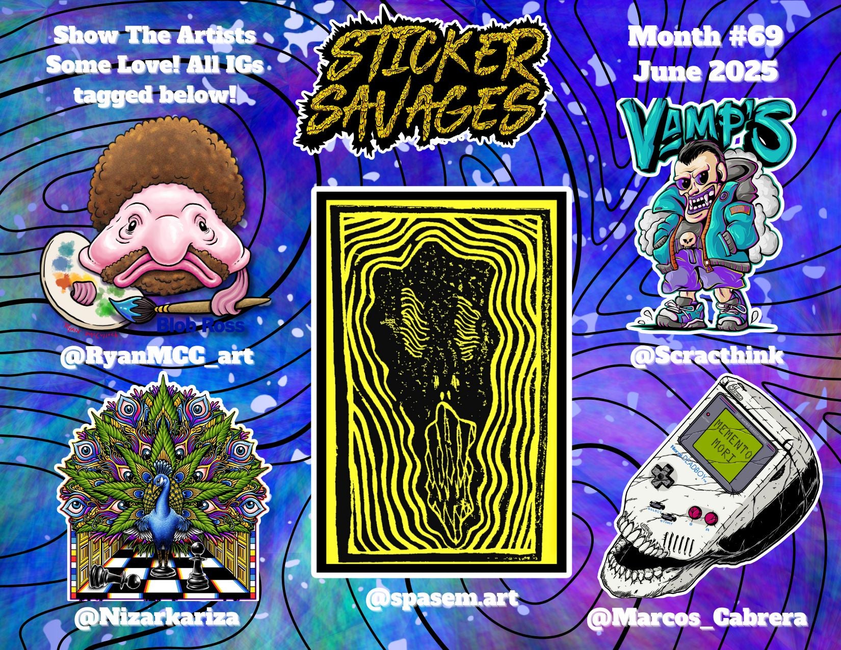 artist made stickers, including some trippy decals along with other funny meme type stickers