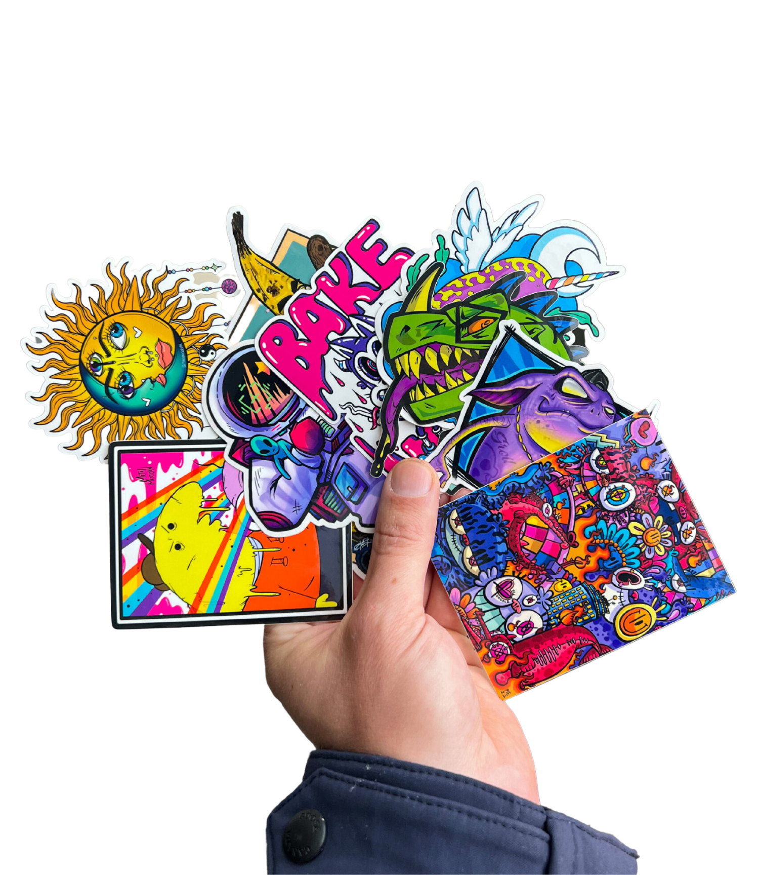 handful of colorful stickers, showing off artist made decals
